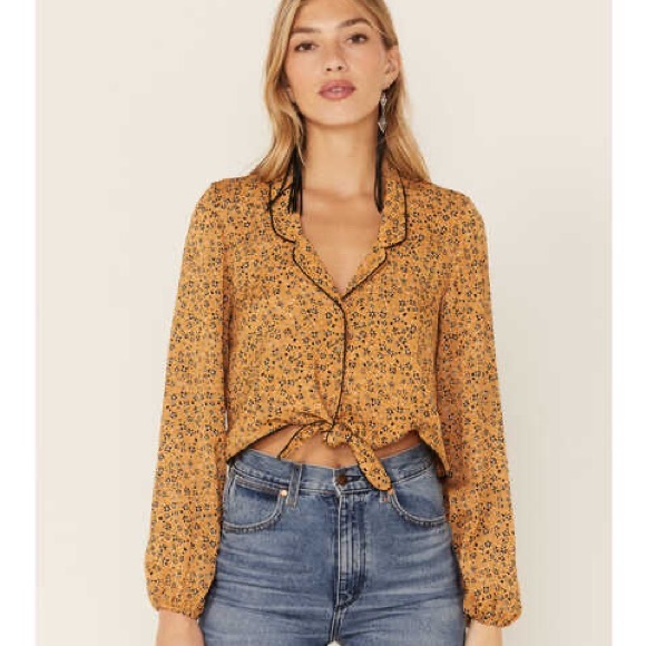 wild moss Tops - Wild Moss | Women's Mustard Ditsy Tie Front Blouse XL